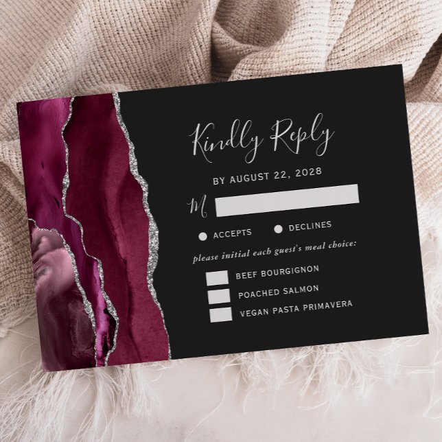 Burgundy Silver Agate Dark Meal Options Wedding OSA Kort (Skapare uppladdad)