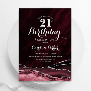 Burgundy Silver Agate Marble 21 Birthday Inbjudningar