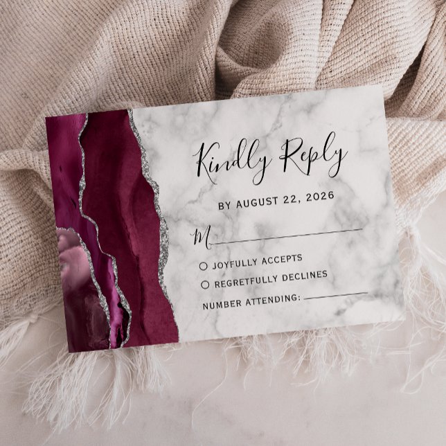 Burgundy Silver Agate Marble Bröllop OSA Kort (Skapare uppladdad)