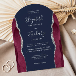 Burgundy Silver Agate Navy Blue Arch Shape Wedding Inbjudningar