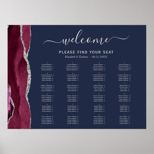 Burgundy Silver Agate Navy Blue Bröllop Seating Poster (Framsidan)