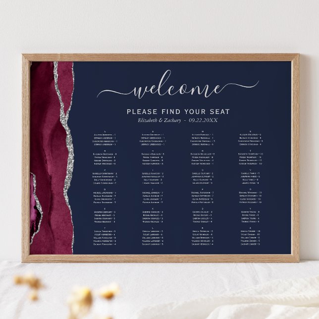 Burgundy Silver Agate Navy Blue Bröllop Seating Poster (Skapare uppladdad)