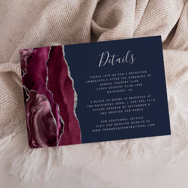 Burgundy Silver Agate Navy Blue Bröllopsdetaljer  Tilläggskort (Skapare uppladdad)
