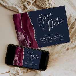 Burgundy Silver Agate Navy Blue Spara Datum Inbjudningar