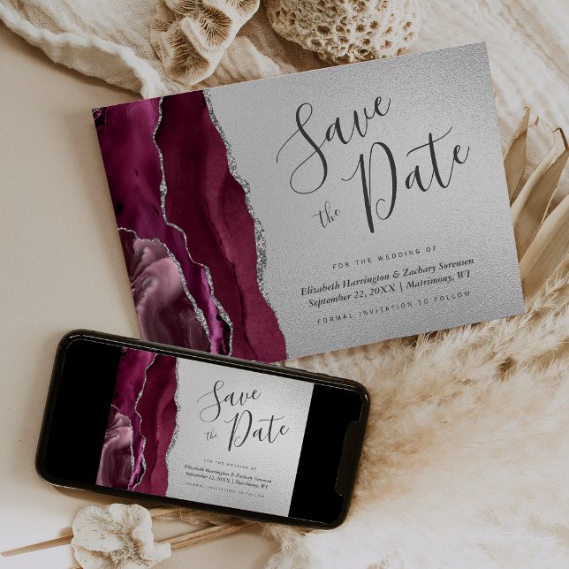 Burgundy Silver Agate Navyblå Save the Date Inbjudningar (Skapare uppladdad)