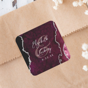 Burgundy Silver Agate Script Bröllop Fyrkantigt Klistermärke