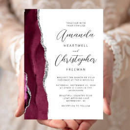 Burgundy Silver Agate Script Bröllop Inbjudningar
