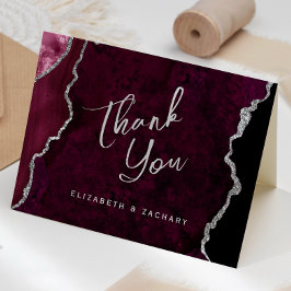 Burgundy Silver Agate Script Wedding Thank You Kort