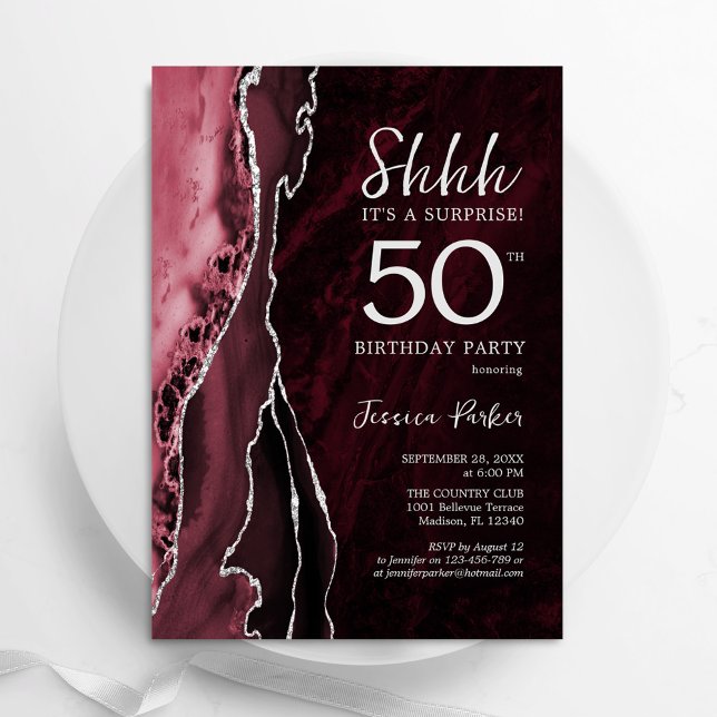 Burgundy Silver Agate Surprise 50:e födelsedagen Inbjudningar (Skapare uppladdad)