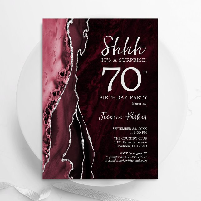 Burgundy Silver Agate Surprise 70:e födelsedagen Inbjudningar (Skapare uppladdad)