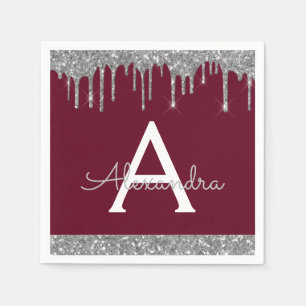 Burgundy Silver Black Monogram Birthday Pappersservett