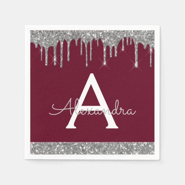 Burgundy Silver Black Monogram Birthday Pappersservett (Framsidan)