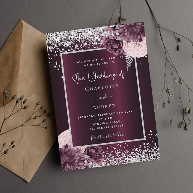 Burgundy silver blommigt elegant bröllop inbjudan vykort (Skapare uppladdad)