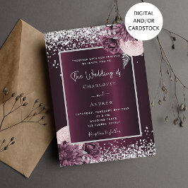 Burgundy silver blommigt elegant bröllop inbjudningar