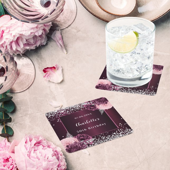 Burgundy silver blommigt-födelsedag underlägg papper kvadrat (Skapare uppladdad)