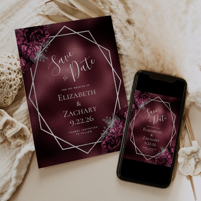 Burgundy Silver Blommigt Geometric Save Date Spara Datumet (Skapare uppladdad)