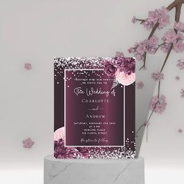 Burgundy silver blommigts bröllopsinbjudan till bu