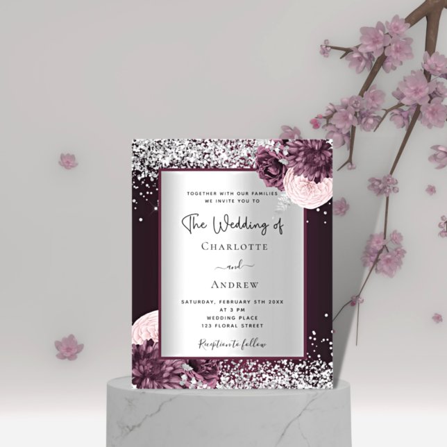 Burgundy silver blommigts bröllopsinbjudan till bu flygblad (Skapare uppladdad)