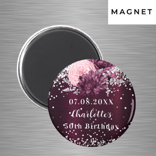 Burgundy silver blommigts-födelsedatum spara datum magnet