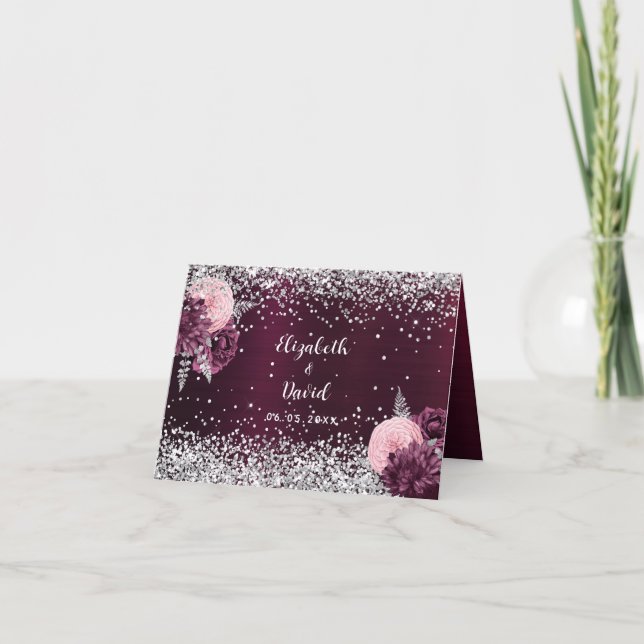Burgundy silver blommor bröllop-platskort kort (Framsida)