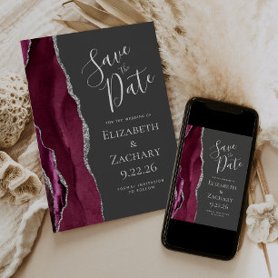 Burgundy Silver Charcol Grått Photo Save Date Inbjudningar