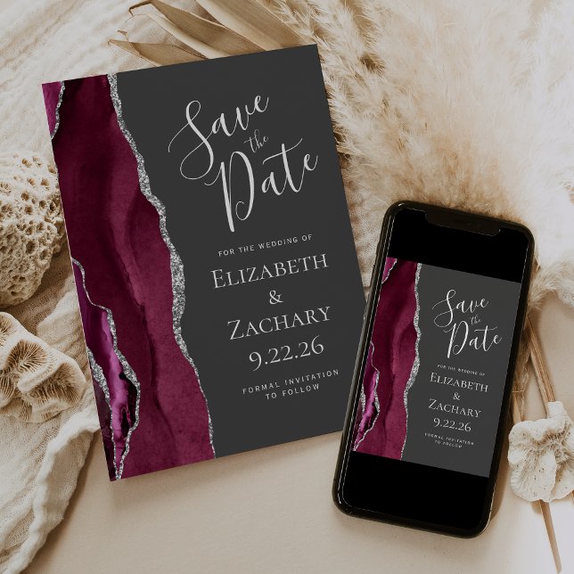 Burgundy Silver Charcol Grått Photo Save Date Inbjudningar (Skapare uppladdad)