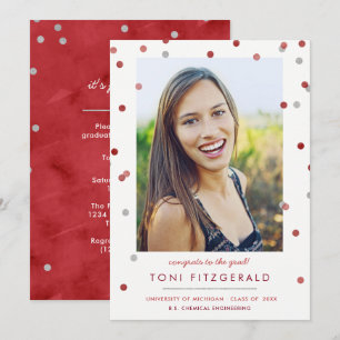 Burgundy & Silver Confetti Photo Studenten Inbjudningar