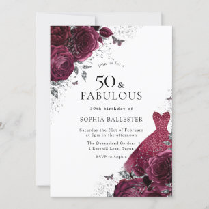 Burgundy & Silver Dress Blommigt Ro 50:e födelseda Inbjudningar