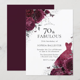 Burgundy & Silver Dress Blommigt Ro 70:e födelseda Inbjudningar
