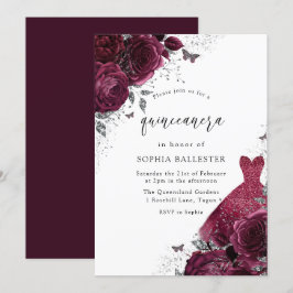 Burgundy & Silver Dress & Blommigt Ro Quinceanera Inbjudningar