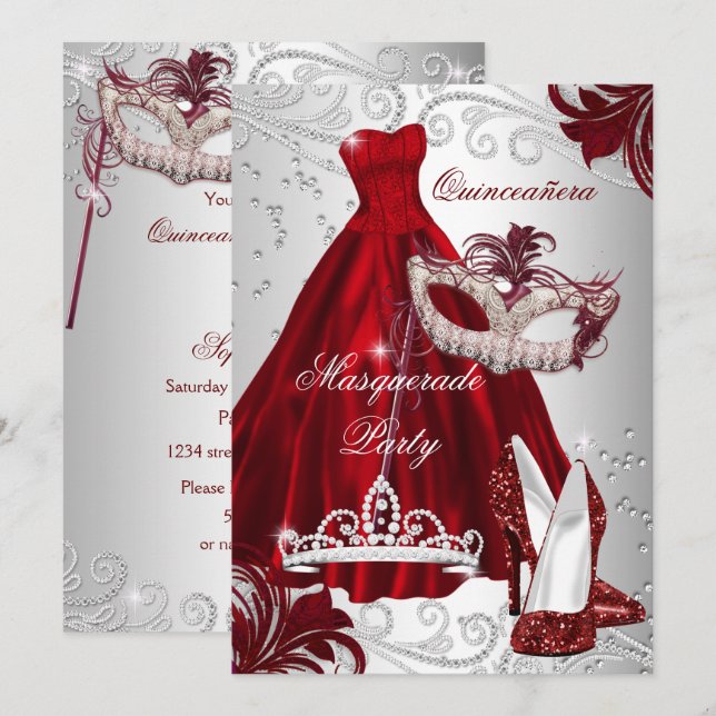 Burgundy Silver Dress maskerad Quinceanera mask Inbjudningar (Fram/baksida)