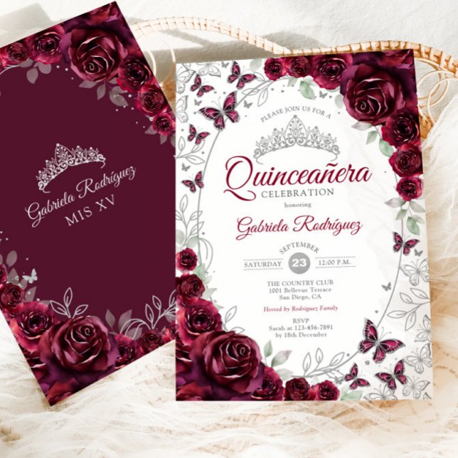 Burgundy Silver Floral Quinceanera Inbjudningar (Skapare uppladdad)