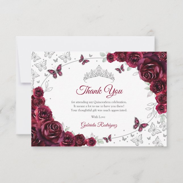 Burgundy Silver Floral Quinceanera Tack Kort (Framsida)