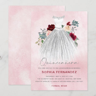 Burgundy Silver glitter Blommigt Dress Quinceañera Inbjudningar