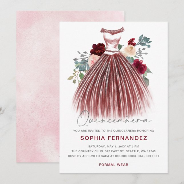 Burgundy Silver glitter Blommigt Dress Quinceañera Inbjudningar (Fram/baksida)