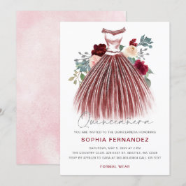 Burgundy Silver glitter Blommigt Dress Quinceañera Inbjudningar
