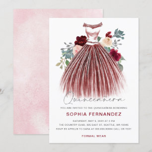 Burgundy Silver glitter Blommigt Dress Quinceañera Inbjudningar