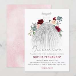 Burgundy Silver glitter Blommigt Dress Quinceañera Inbjudningar