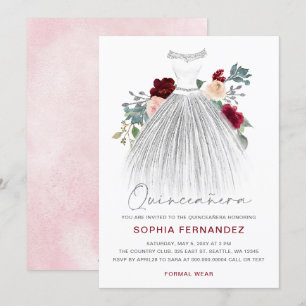 Burgundy Silver glitter Blommigt Dress Quinceañera Inbjudningar