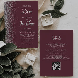 Burgundy Silver Glitter QR-kod Bröllop Inbjudningar