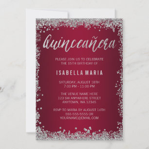 Burgundy Silver Glitter Quinceanera 15:e födelseda Inbjudningar