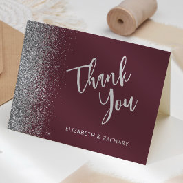 Burgundy Silver Glitter Script Bröllop Tack Kort
