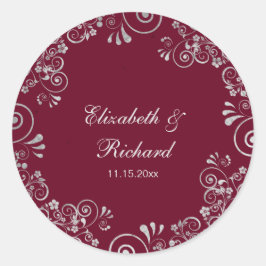 Burgundy Silver Grått -skript Blommigt Utandning B Runt Klistermärke