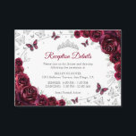 Burgundy Silver Quinceanera Reception Details Tilläggskort<br><div class="desc">Burgundy silver Quinceanera reception details enclosure cards. Features,  script font,  silver butterflies,  watercolor roses and tiara. Perfect for an elegant princess style glam celebration. Personalize with your own details.</div>