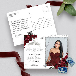 Burgundy Silver Quinceañera sparar datumfoto Inbjudningar