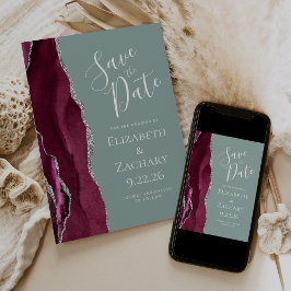 Burgundy Silver Sage Grönt Photo Save Date Inbjudningar
