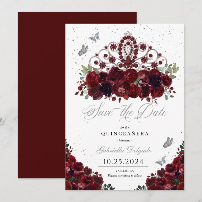 Burgundy & Silver Tiara sparar datumet Quinceañera Inbjudningar (Fram/baksida)