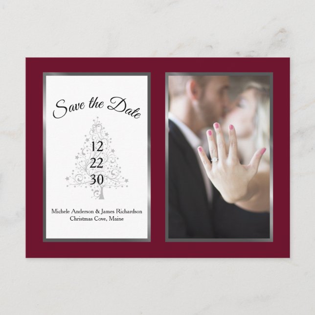 Burgundy Silver Vinter Bröllop Save The Date Foto Meddelande Vykort (Framsida)
