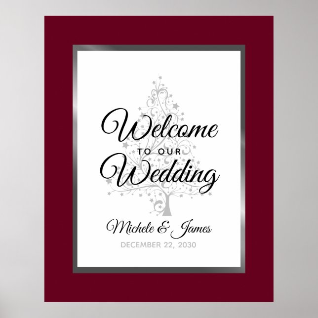 Burgundy Silver Vinter Hochzeit Bröllop Välkommen Poster (Framsidan)