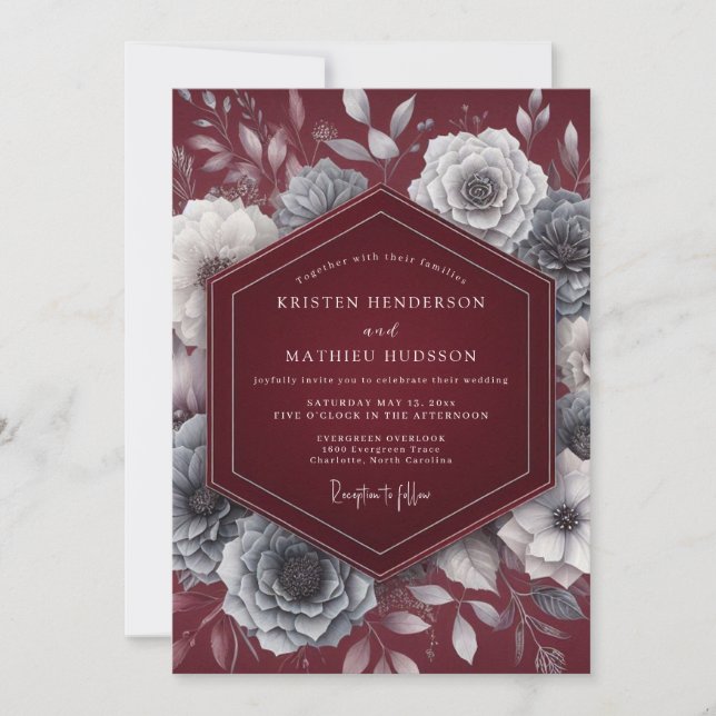Burgundy Silvered Bröllop Inbjudningar (Framsida)